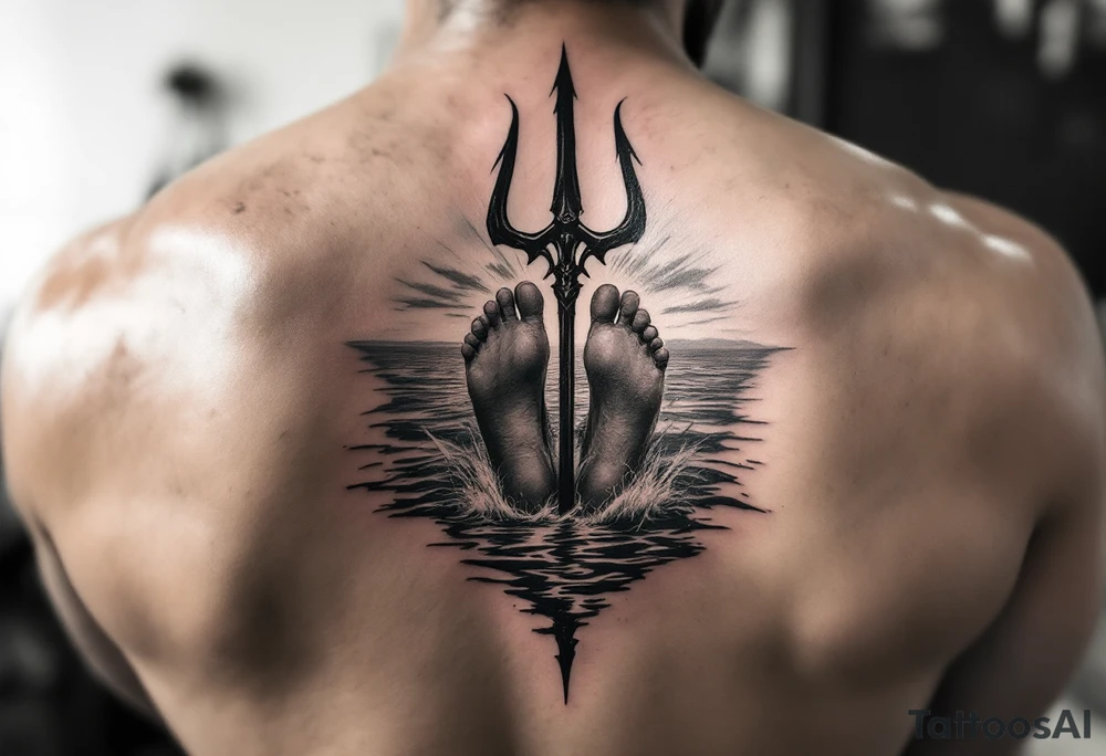barefeet behind trident with water and sunset tattoo idea