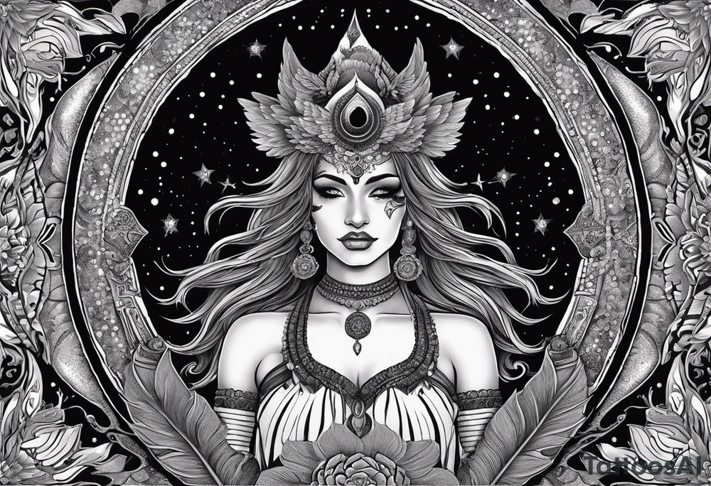 black kali, goddess pirate, alien, angel, pachamama, valkrye, warrior, flying, skull, lotus azul, wing, eagle, zenza resonance, stars, 5D, anahata chakra, death, durga, riding on a tiger, flying lady, kundalini, chest tatoo, samuri, rebel,serpent tattoo idea