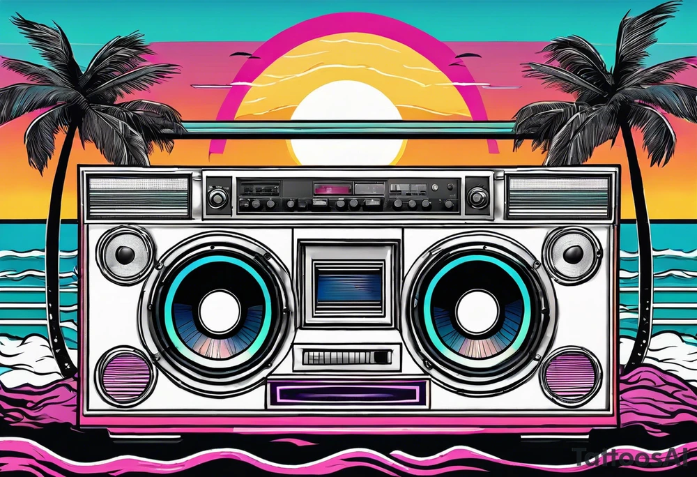 1980'S BOOM BOX MIAMI VICE STYLE, BEACH SUNSET, PALM TREES, MUSIC NOTES tattoo idea