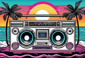 1980'S BOOM BOX MIAMI VICE STYLE, BEACH SUNSET, PALM TREES, MUSIC NOTES tattoo idea