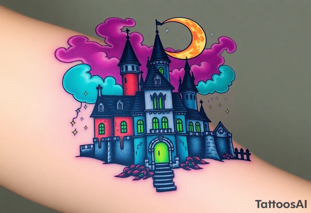 Tim Burton’s disney sleeping beauty’s haunted castle is abandoned and dripping with muted reds, dusty pinks, and eerie green glow.purple and cyan smokey clouds swirl in the crescent moonlit sky thats sprinkled with stars tattoo idea tattoo idea