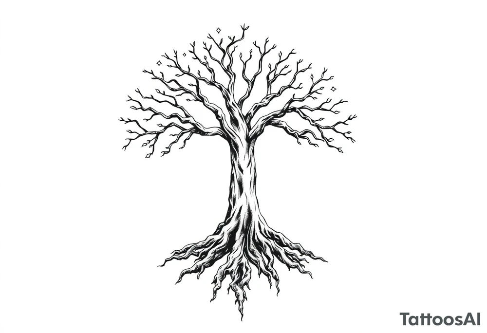 mystical tree of life with cosmic roots and celestial branches tattoo idea