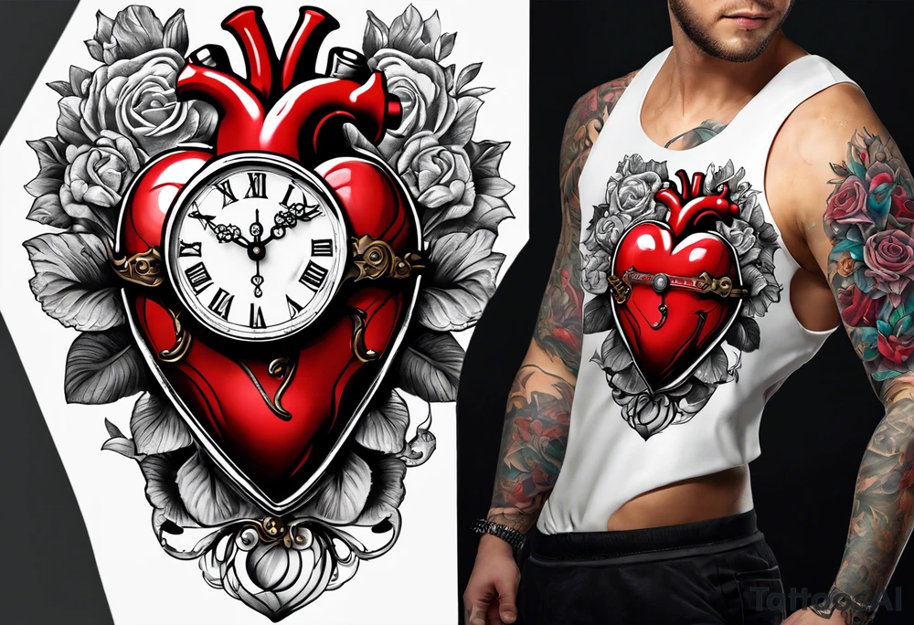 anatomical heart with clock in middle.
Clock hands on 8 and 5.
Never Say Never written on tattoo tattoo idea