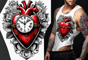 anatomical heart with clock in middle.
Clock hands on 8 and 5.
Never Say Never written on tattoo tattoo idea