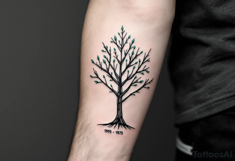 Modern geometric tree, made of straight lines and triangles, each node containing a dates 1945, 1975, 2005. Black ink with soft green shading for branches. tattoo idea