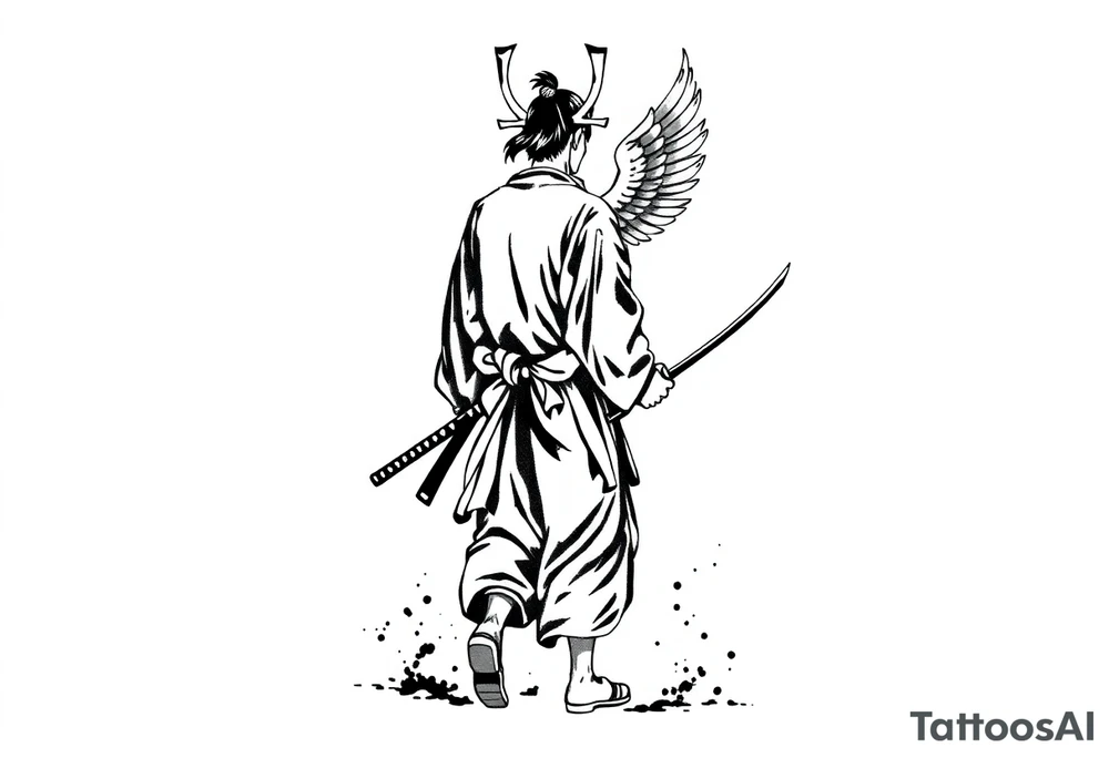 A blackwork tattoo depicting a samurai walking forward from behind. The samurai is dressed in a traditional kimono and hakama, holding two long katanas in a relaxed yet combat-ready stance. A small angel with detailed feathered wings is pushing him from behind. Strong contrast, dynamic ink splashes, sumi-e brushstrokes, a minimalist white background, dramatic lighting, an emotional and symbolic composition, and highly detailed linework. tattoo idea