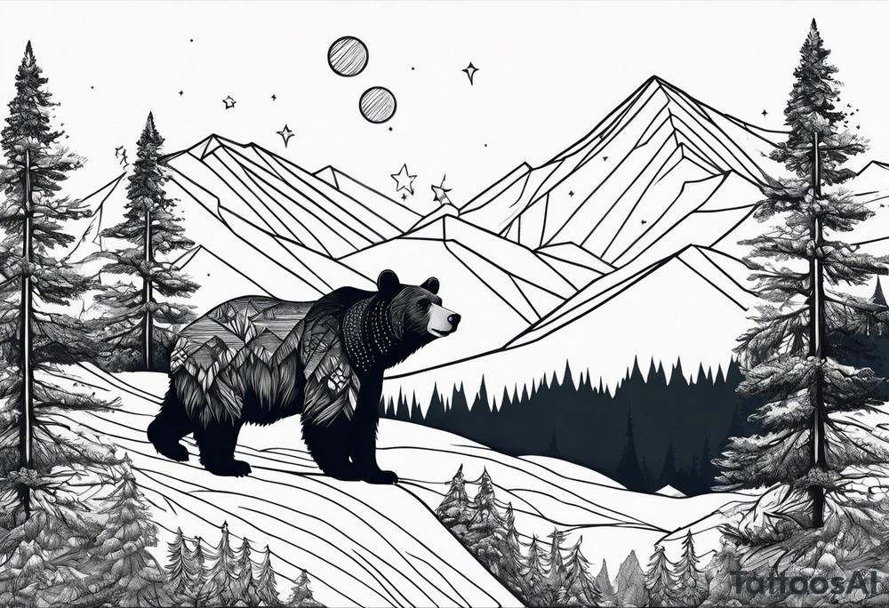 Mountains, travel, adventure, trees, bear, stars tattoo idea