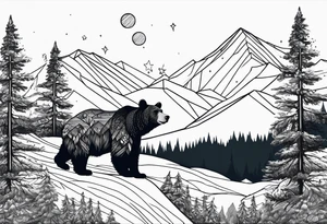 Mountains, travel, adventure, trees, bear, stars tattoo idea