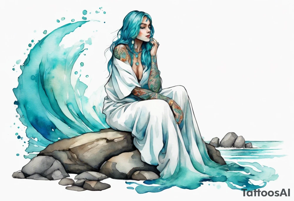 An undine with turquois scales wearing a white robe, sitting on rocks by the ocean tattoo idea