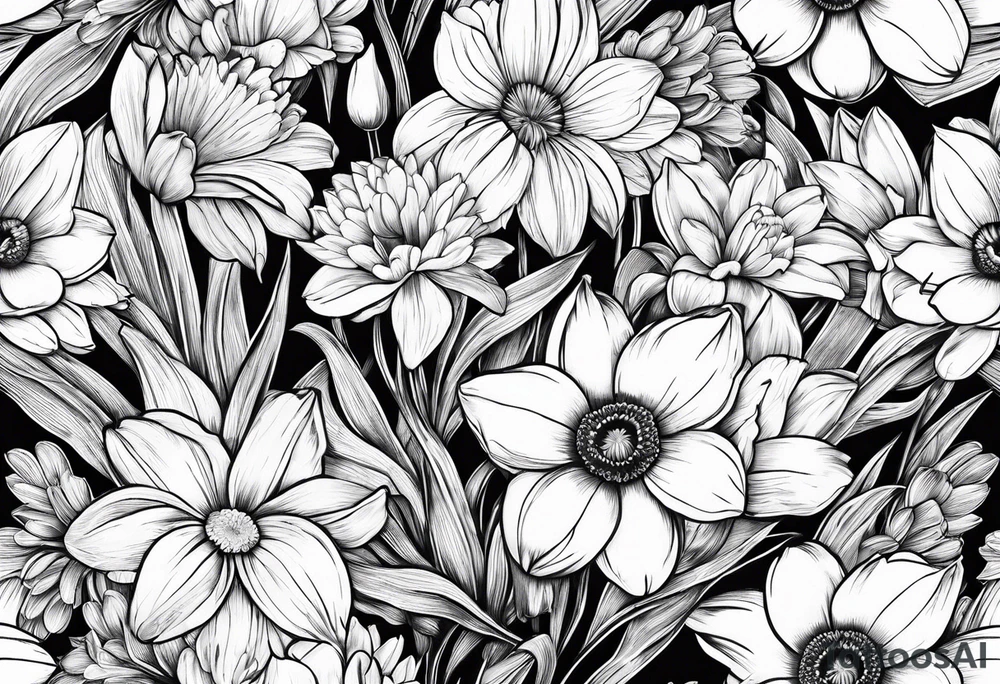 Small Bouquet of daffodils gerberas and tulips tattoo idea