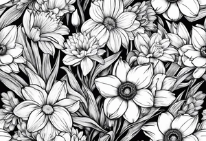 Small Bouquet of daffodils gerberas and tulips tattoo idea