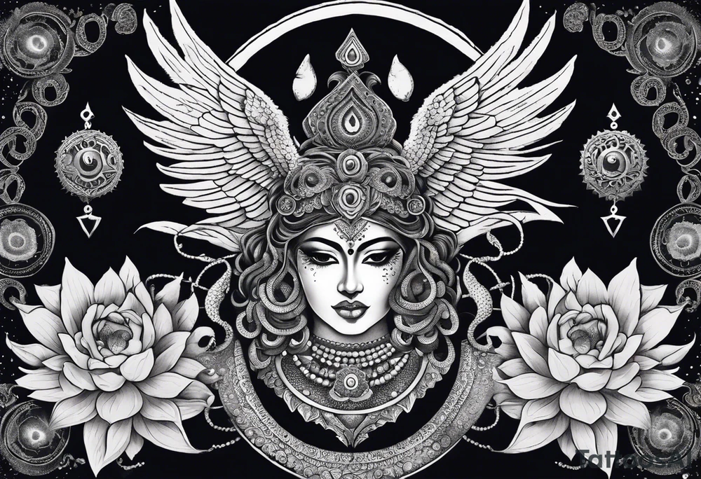 black kali, goddess pirate, alien, angel, pachamama, valkrye, warrior, flying, skull, lotus azul, wing, eagle, zenza resonance, stars, 5D, anahata chakra, death, durga, riding on a tiger, flying lady, kundalini, chest tatoo, samuri, rebel, serpent tattoo idea