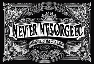 A text that says "never forget never forgive" in satanic font tattoo idea