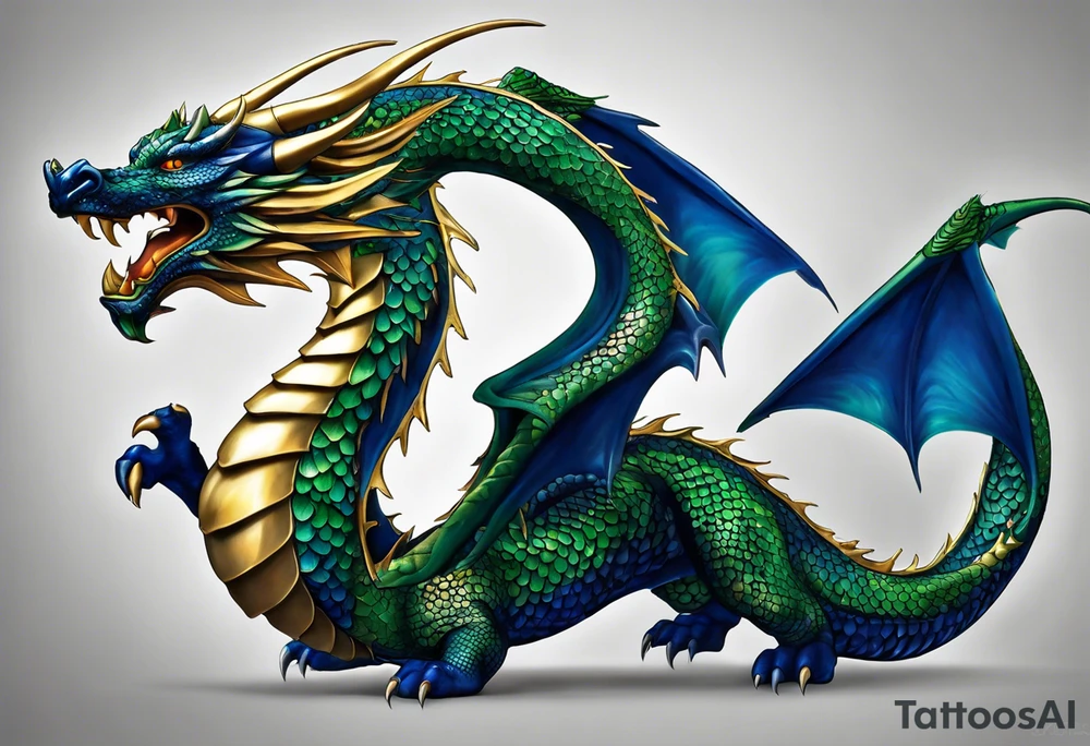 An epic floating wingless dragon, its body coiling dynamically, with scales and horns detailed to create a sense of movement and strength. The dragon's main color is dark blue but features accents in green, blue, and gold, giving a vibrant depth and a mystical aura. This tattoo highlights the dragon’s fierce expression and sharp claws as it wraps protectively around the leg. Style: Realism tattoo idea