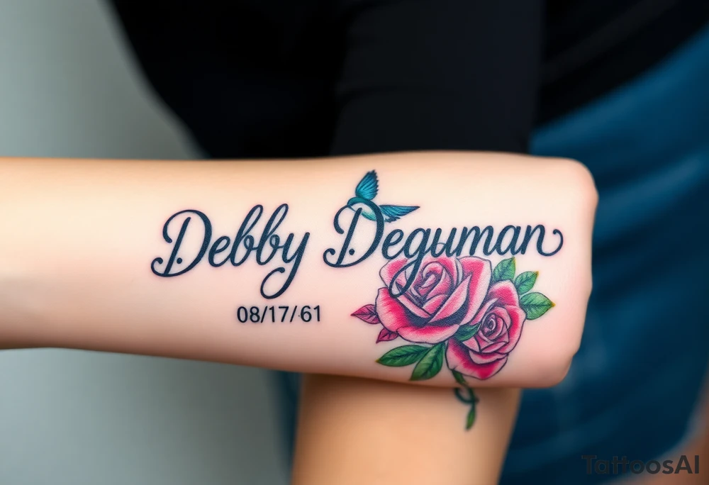 Tattoo of the name Debby Deguzman in chunky bold curly cursive with the exact dates of 08/17/61-05/29/25 surrounded by a hummingbird and a rose tattoo idea