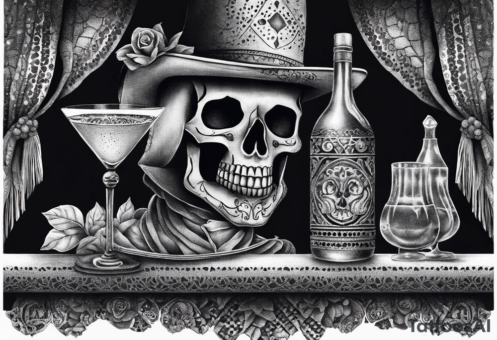 Mexico day of dead  man standing
 skeleton drink horizontal tattoo idea