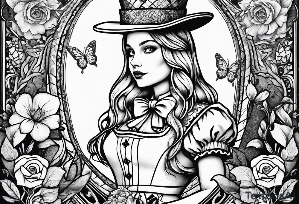 Alice in wonderland, Alice solo facing the viewer, simple tattoo idea