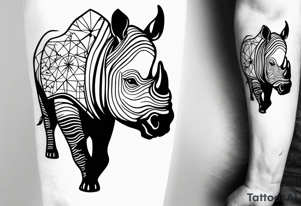 Fineline art minimalistic tattoo with African continent outline as focus, camping which indicates adventure spirit, rhino, symbol of strength,  motherhood, pisces stars, lotus, sun, vertical alignment tattoo idea