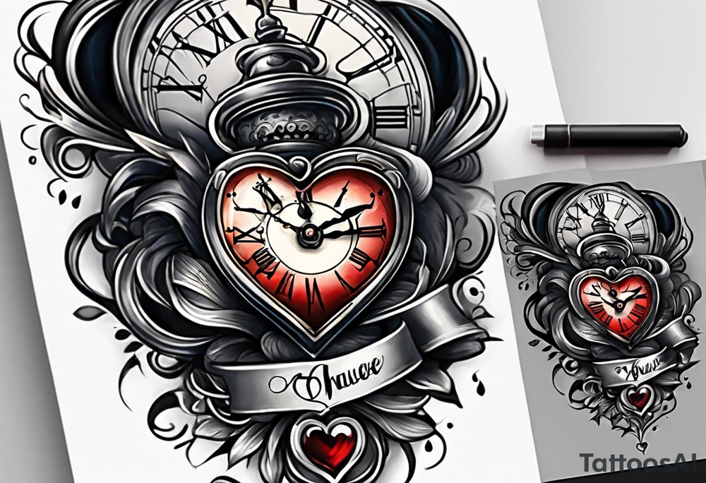 Heart with clock hands on 8 and 5 tattoo idea