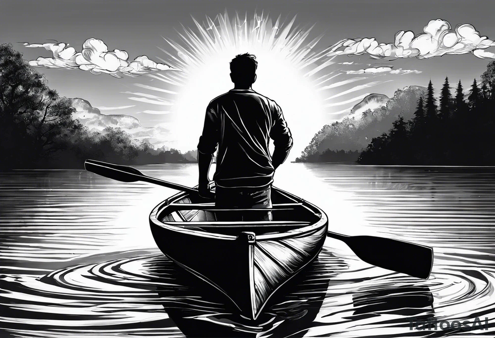 pictured from behind, average sized man with his arms fully extended straight out from chest level, standing on top of modestly sized canoe on the water with a sun above his head. tattoo idea