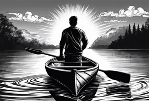 pictured from behind, average sized man with his arms fully extended straight out from chest level, standing on top of modestly sized canoe on the water with a sun above his head. tattoo idea