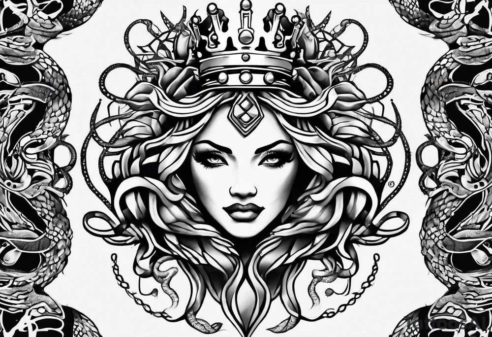crown and medusa snakes merged tattoo idea