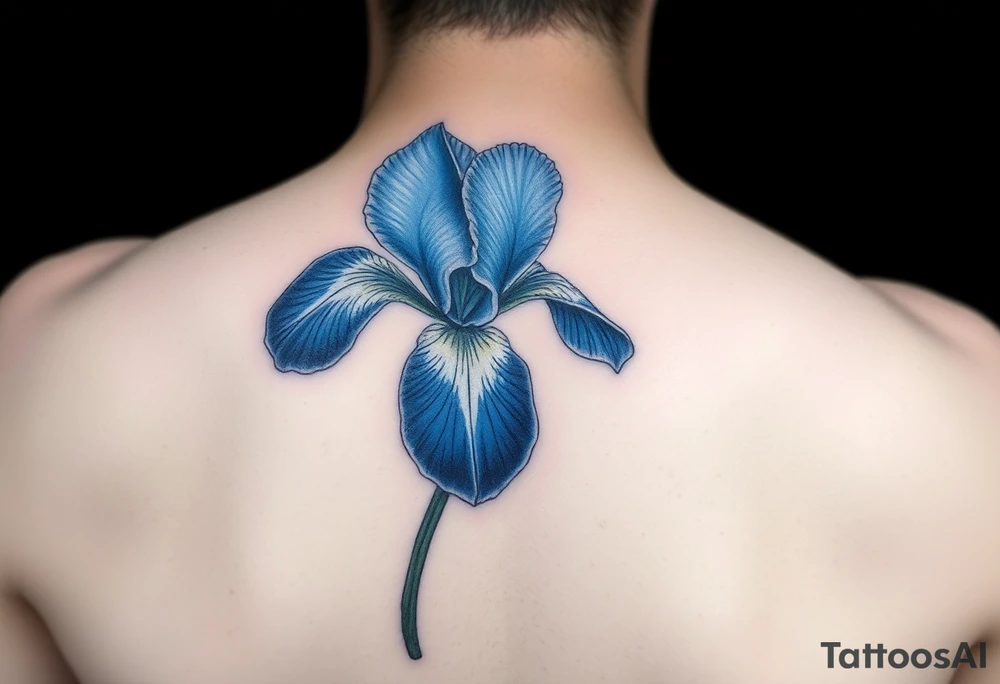 Bouquet of blue iris flower in the style of Van Gogh. One petal falling and one upright. Tattoo is to be on abdomen. tattoo idea