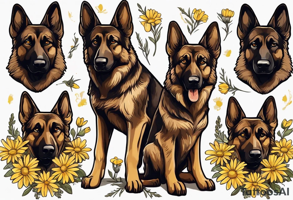 Dark Brown German shepherd portrait surrounded by yellow daisies tattoo idea