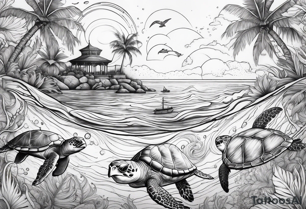 Ocean vibes with palm trees and sea turtles and dolphins tattoo idea