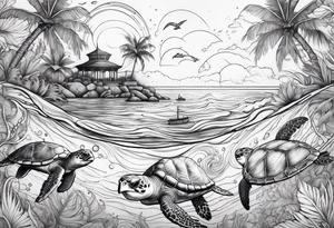 Ocean vibes with palm trees and sea turtles and dolphins tattoo idea