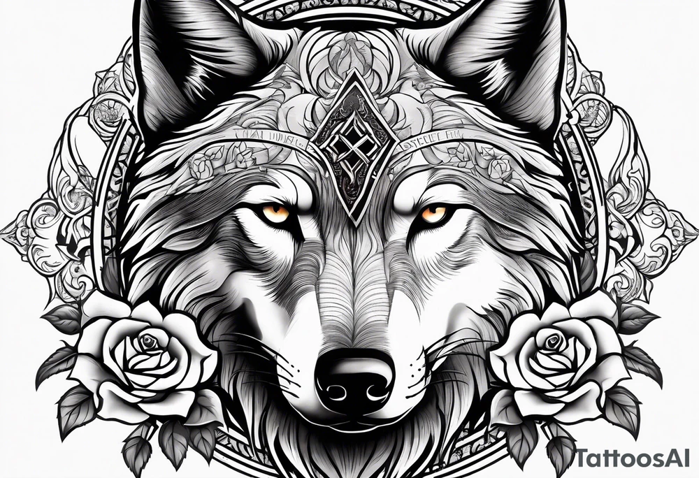 Powerful majestic wolf with mystery in its eye surrounded by rose and a cross and a bible quote tattoo idea