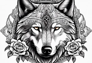 Powerful majestic wolf with mystery in its eye surrounded by rose and a cross and a bible quote tattoo idea