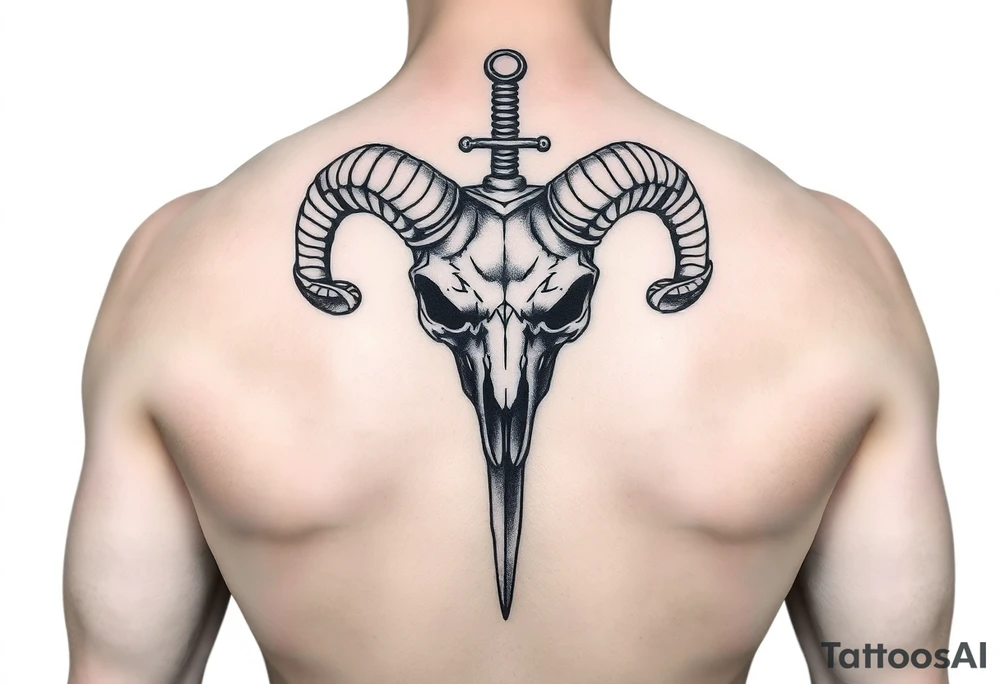 Ram skull with sword through it tattoo idea