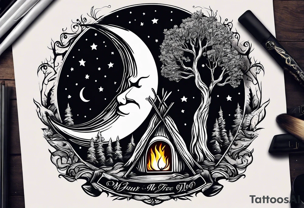 design moon tree campfire. playing the guitar tattoo idea