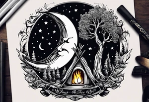 design moon tree campfire. playing the guitar tattoo idea