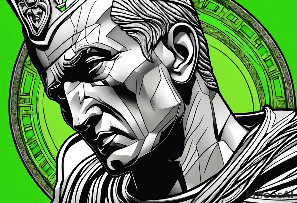 Julius Caesar tattoo with streaks of neon green lightning in the background tattoo idea
