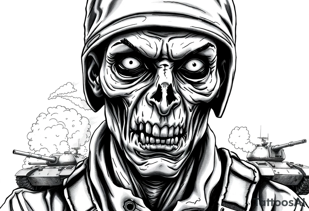 Close-up of a zombie soldier's face, torn uniform, with a tank and explosions in the background. tattoo idea