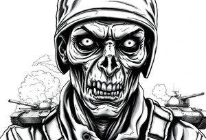 Close-up of a zombie soldier's face, torn uniform, with a tank and explosions in the background. tattoo idea