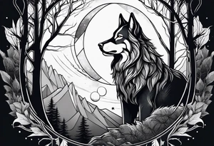 Lobo majestuoso aullandole a la luna en un bosque tattoo idea