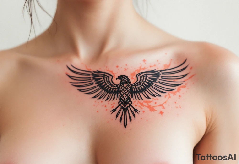 A stylized tattoo of Four’s tattooed chest with the bird motif, representing his Dauntless faction. Bold black lines and soft shades of red and orange in the background, symbolizing courage and fire. Black, red, orange, gray highlights. tattoo idea