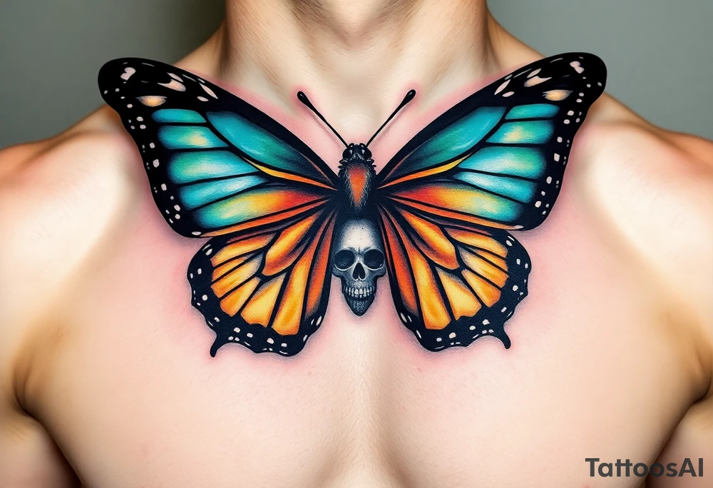 evil powerful majestic and dark monarch butterfly with  graffiti skull detail as the body hidden skulls in wings, skull detail making the body of the butterfly with a horror style effect, including aqua, light orange and green colouring
placement on chest at collarbone tattoo idea