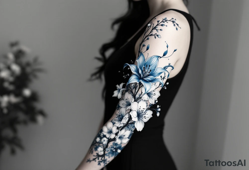 blue spider lily in black and white colours from the anime demon slayer and Cherry Blossoms wrapped around the arm, do not add colours tattoo idea