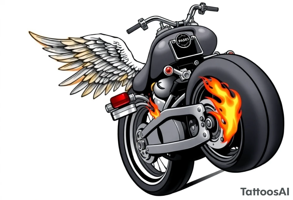 Low rider grey motorcycle, big muffler pipes with flames, angel wings, driving away, no person tattoo idea