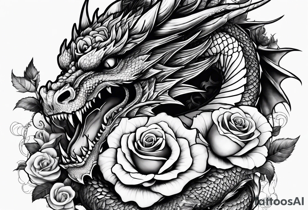 aesthetic dragon with skull and rose tattoo idea