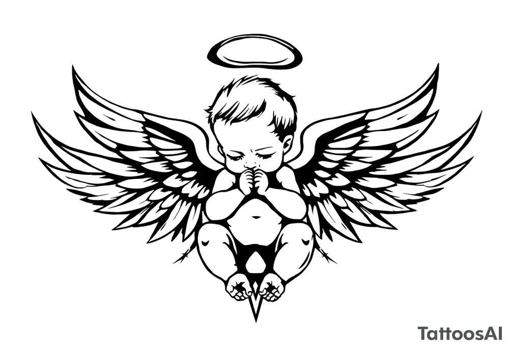 a baby angel with wings holding an ar tattoo idea
