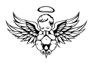 a baby angel with wings holding an ar tattoo idea