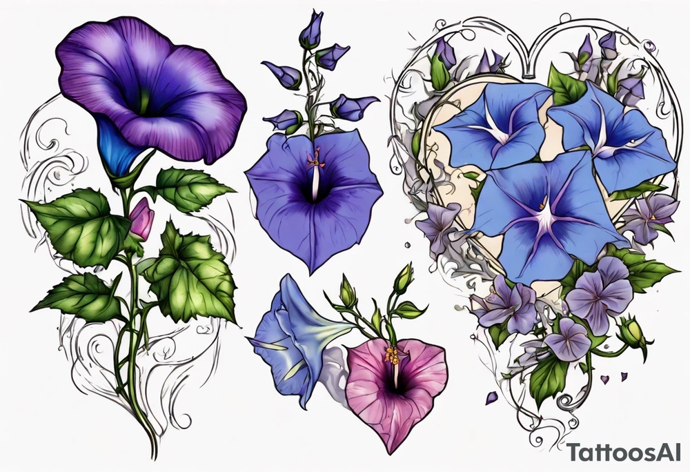 Morning glory and larkspur in a heart tattoo idea
