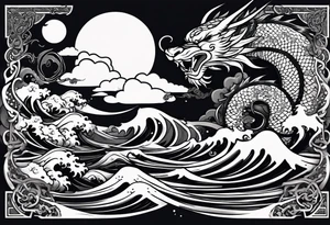 A strip with a japonese dragon, a samurai, an oni and a tiger with waves bellow and clouds above with the sun and the moon tattoo idea
