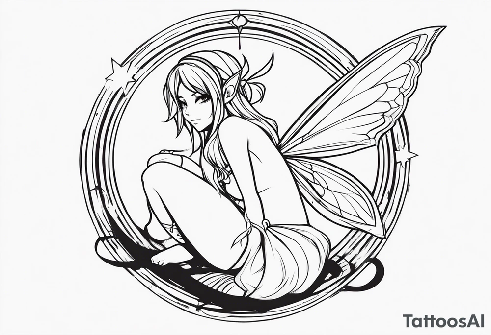 No color sketch of a fairy with a tail inspired by the guild symbol in the anime show called Fairy Tail in a fetal position leaning in and forward while crawled in hugging herself floating with hands a bit forward tattoo idea