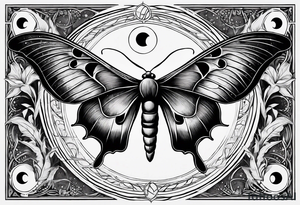 luna moth anatomically correct with moon phases arched under the moth, and the words "carpe noctem" above it in sans serif font tattoo idea